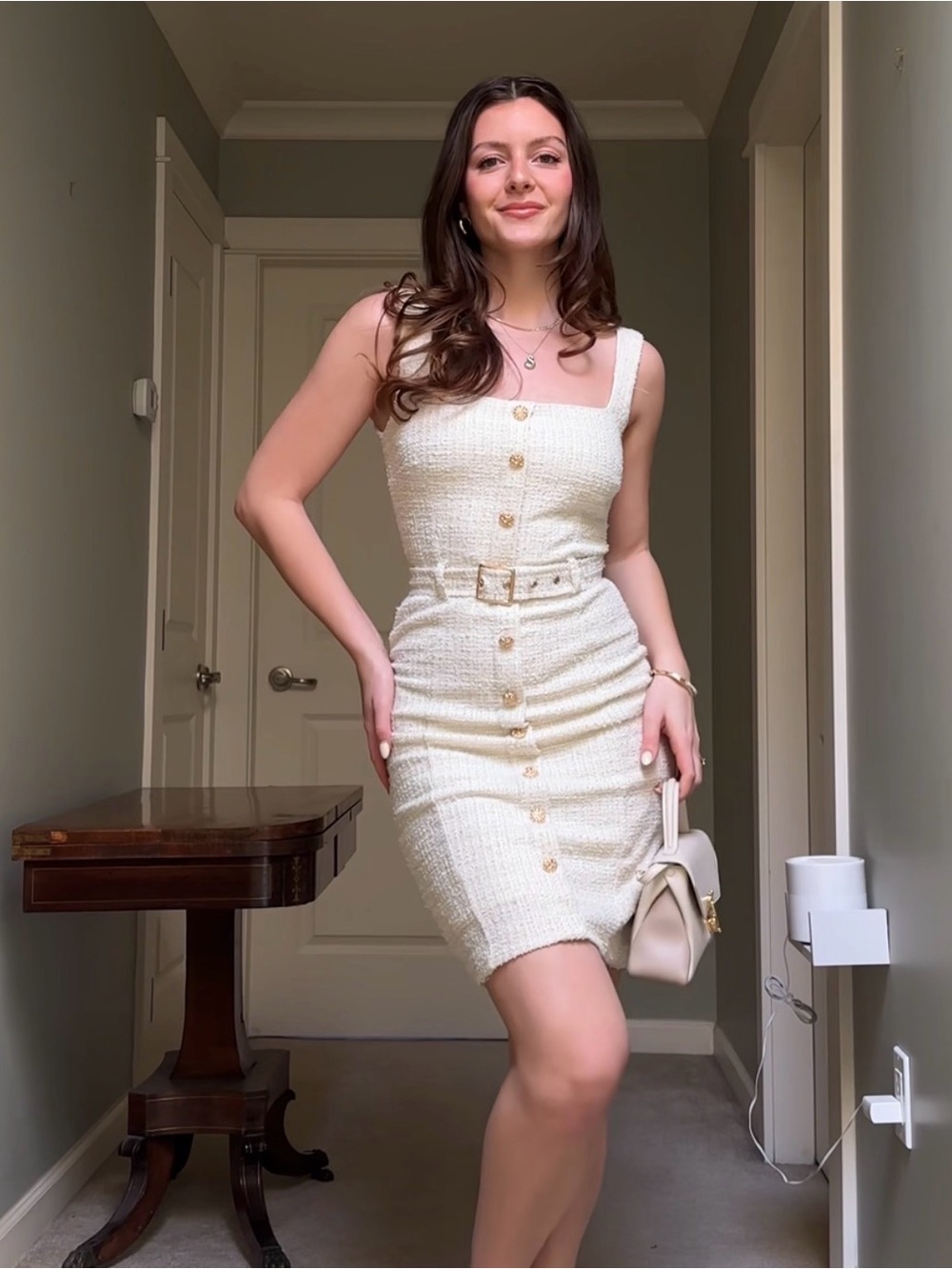 Suzy Shier Sleeveless Button-Front Tweed Belted Dress in Cream